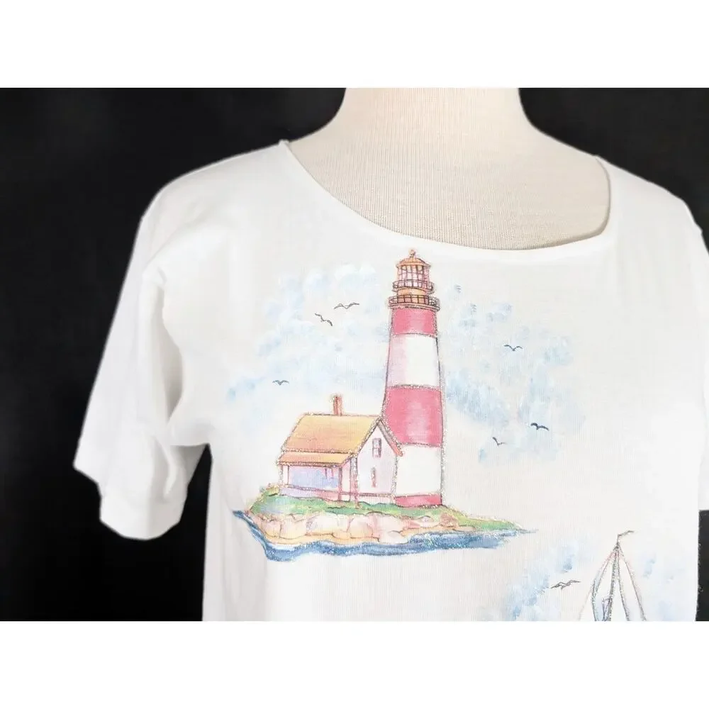 Vintage 90s Top White Lighthouse Beach Sailboats Short Sleeve Misses Size M - Picture 3 of 8